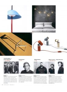 A collage featuring modern lighting designs, a contemporary bedroom setup, and portraits of designers with their names and descriptions