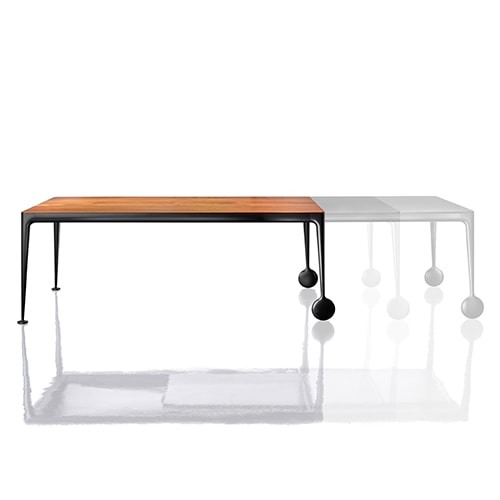 extendable table made of aluminum and dark brown wooden top on a white background