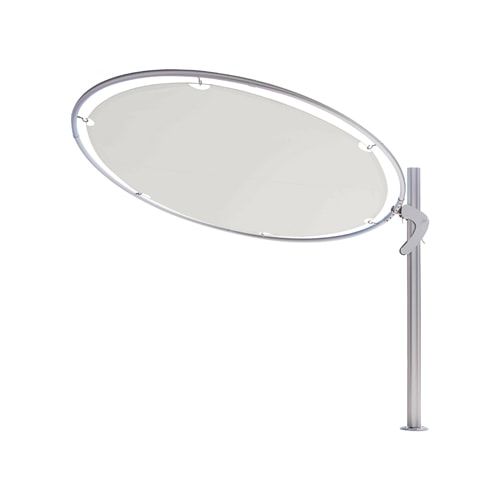 beach umbrella made in a circular shape with a base of tubes and fabric in a white tone on a white background