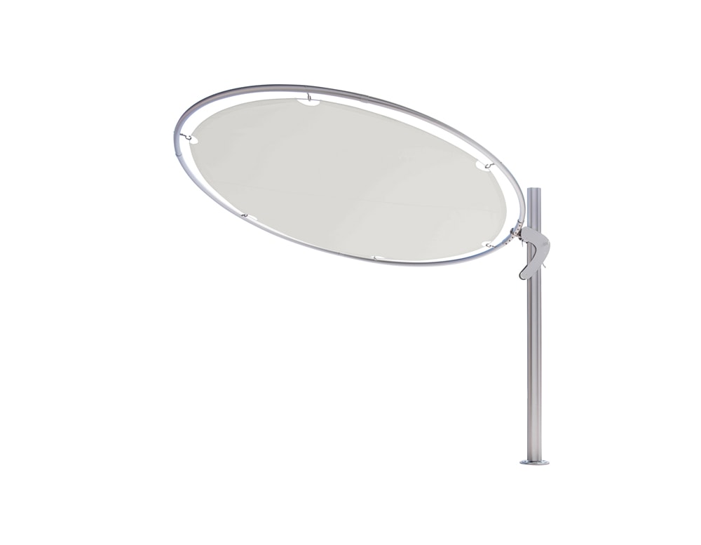 beach umbrella made in a circular shape with a base of tubes and fabric in a white tone on a white background
