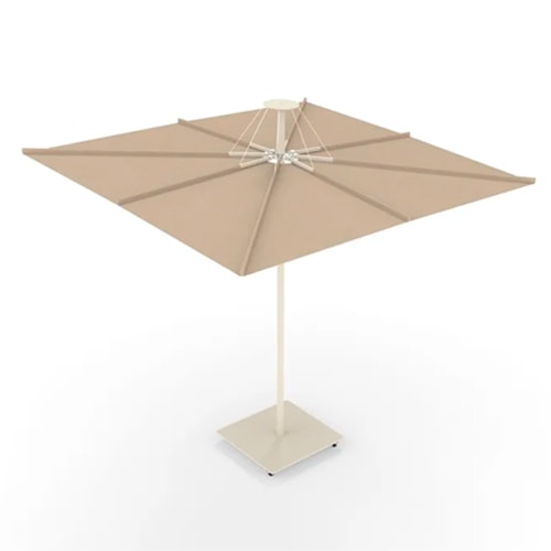 square-shaped umbrella made with heavy metal tubes and brown fabric on top