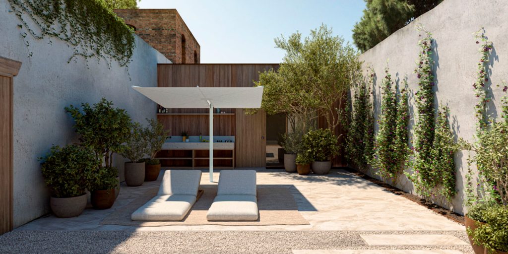 parasol made of white fabric and metal tubes in the same tone in a square shape