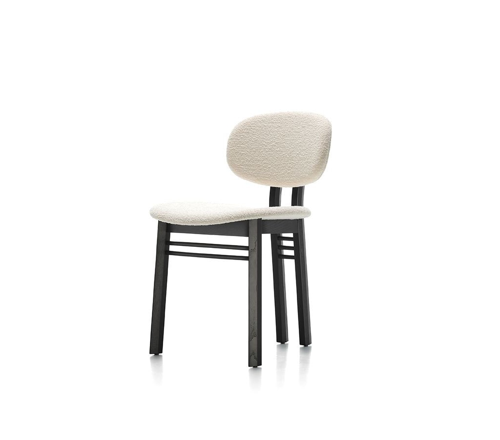 dining chair made with a brown ash wood base and decorated with white fabric in a white background