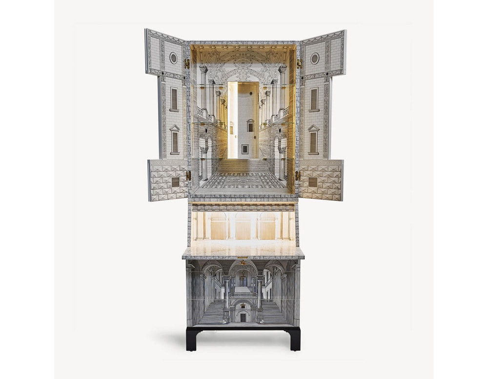 Furniture with double door, three large drawers and desk with city style finishes in black and white with gold interior