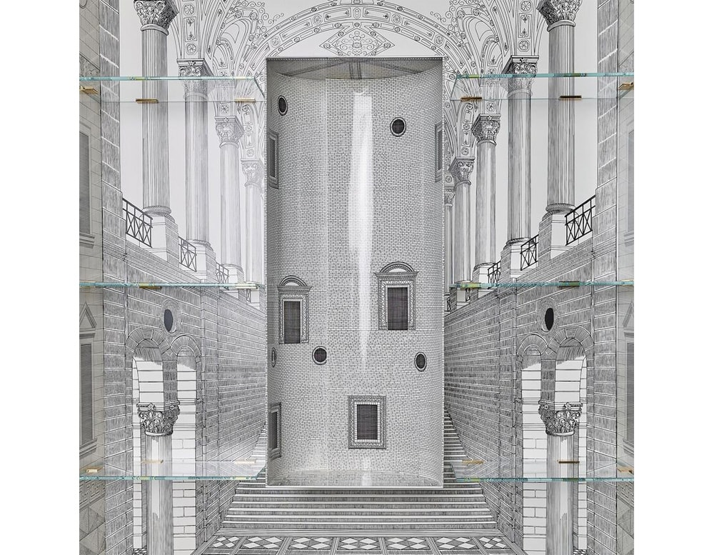 furniture made of wood and metal with city-shaped finishes on its double door in gray and white