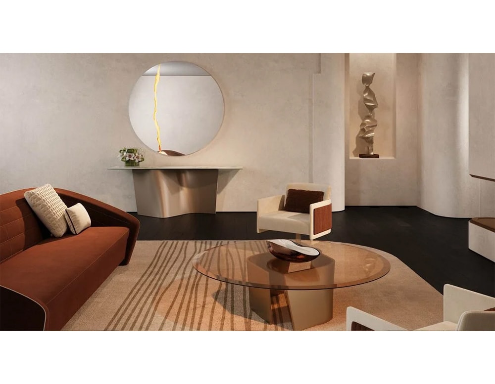 circular mirror made of glass and gold brass in a room .