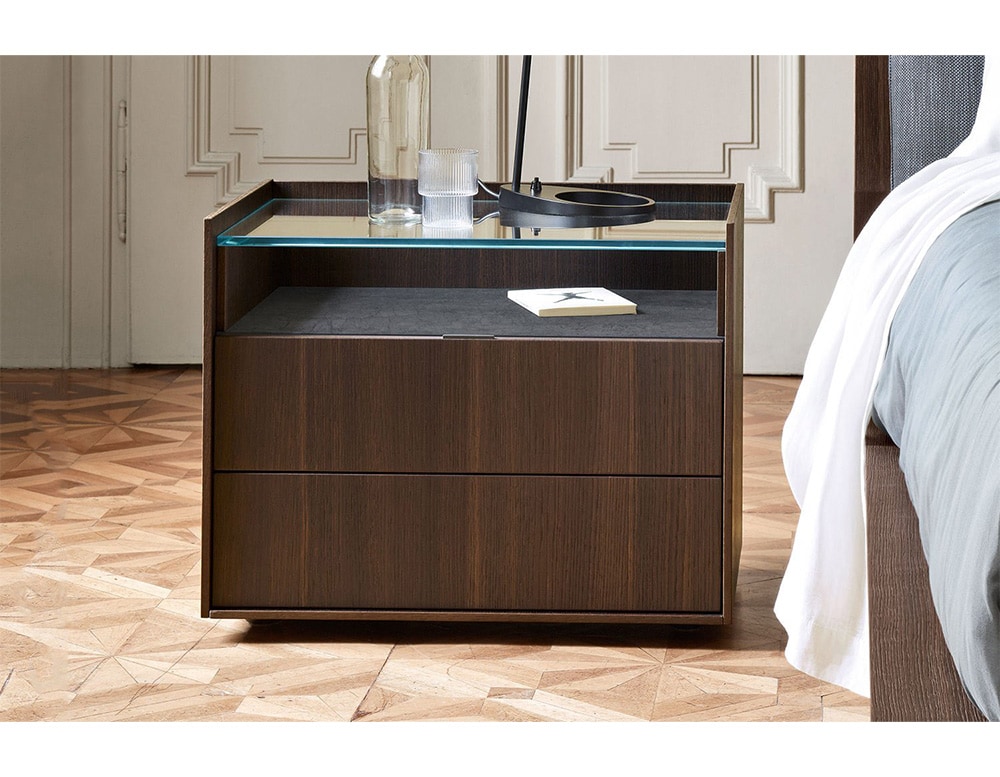 dressing table made of dark brown wood and styrofoam glass top