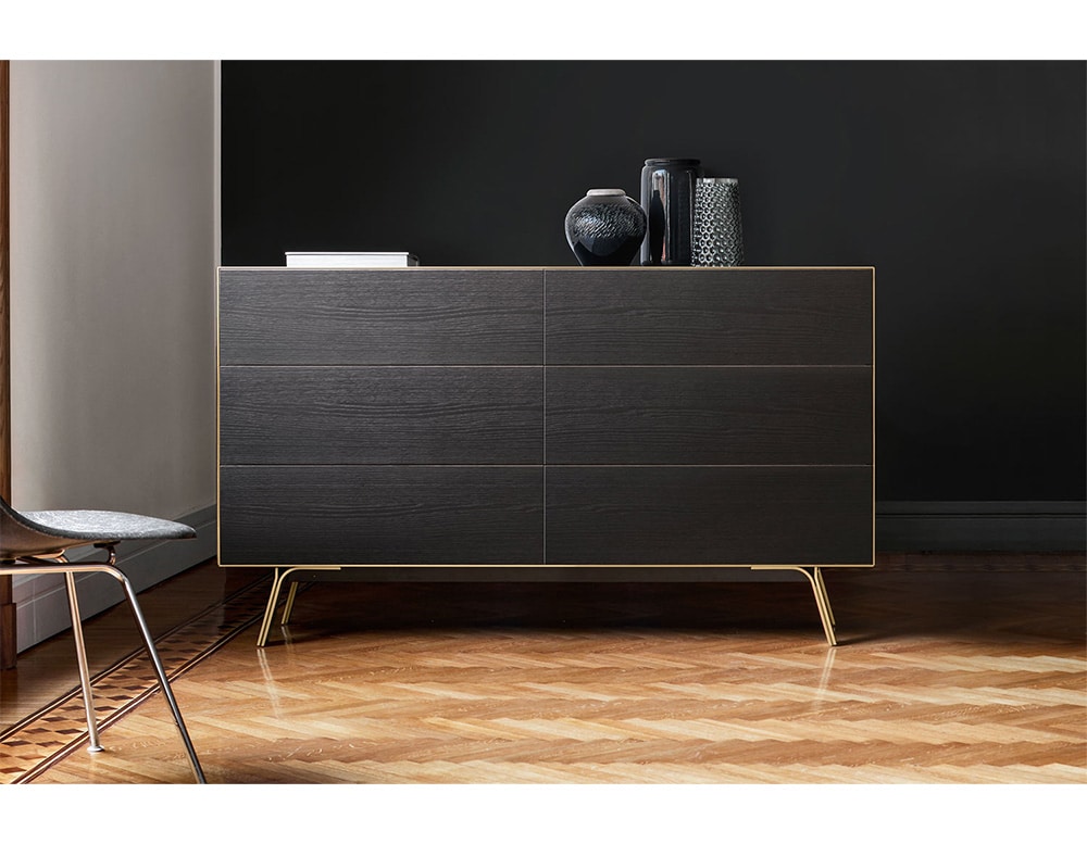 veneered table made of black wood and metal base