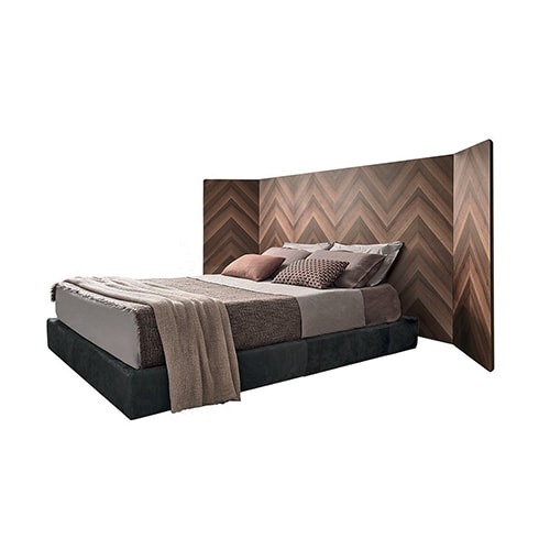 bed with adjustable headboard made of wood and polyurethane foam in brown, white and black tones