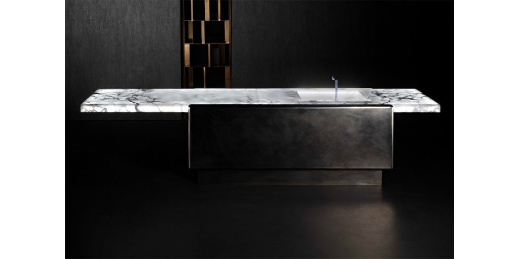kitchen table made of stone and metal with a white finish on a black background