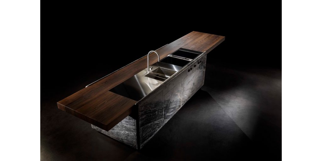 kitchen counter made of dark brown wood, white stone and metal