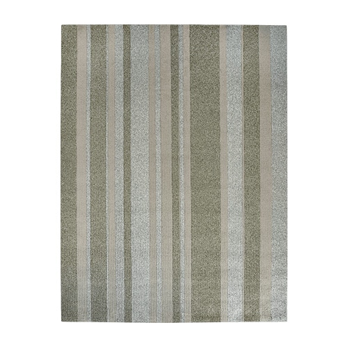 rug made of polypropylene fabric with an interwoven design of beige, gray and green stripes