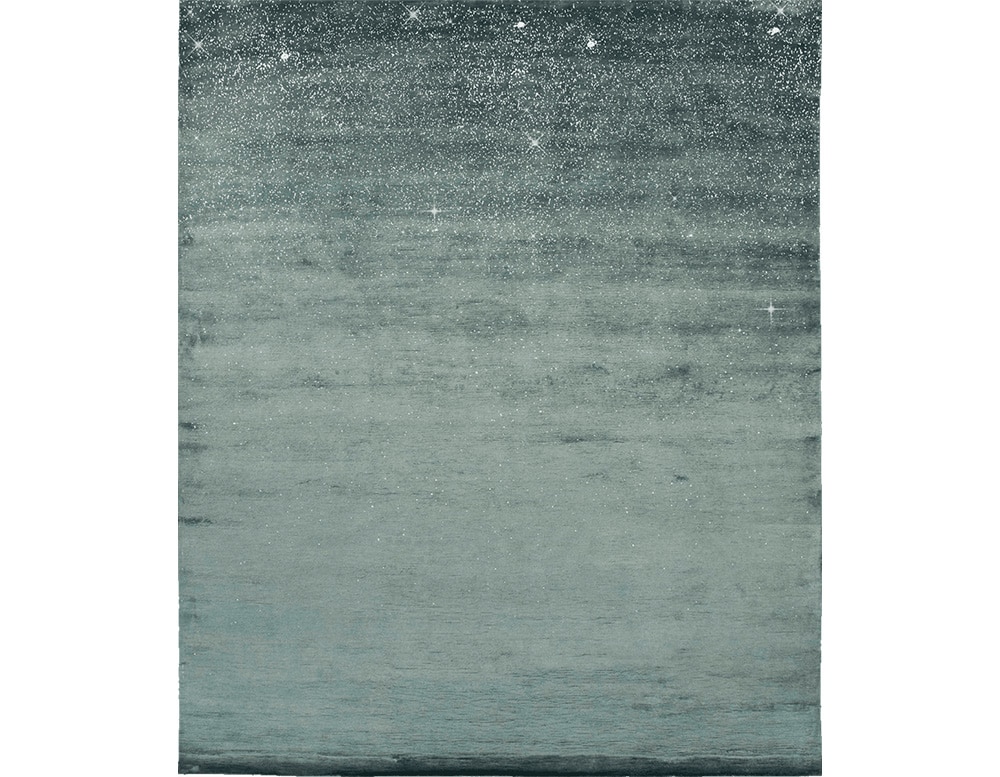 handmade carpet coin wool and fabric finished with drops simulating falling in a blue tone