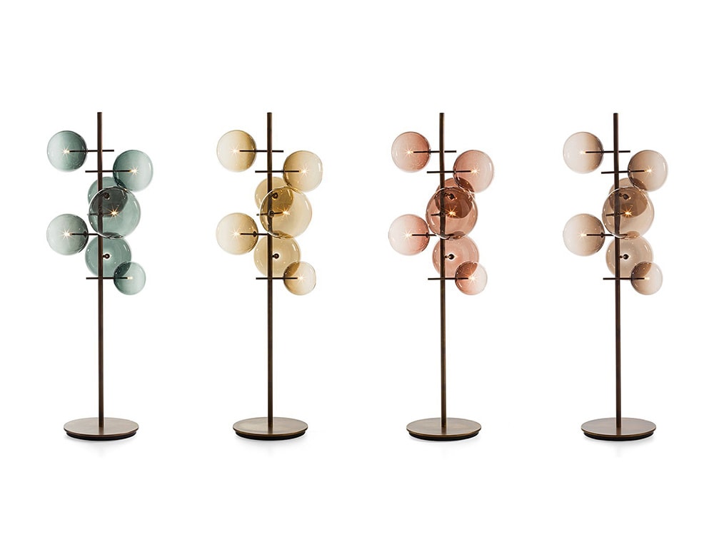 Floor lamp with 7 mouth-blown glass spheres available in “topazio”, “ambra”, “ametista” and “bronzite” colours
