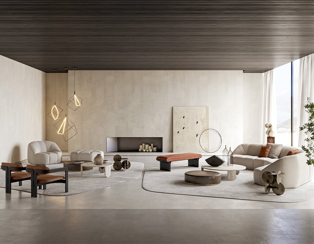 Bench with curved black stained ash base and bright brass details with a cushion covered by brown leather in a living room next to a white sectional