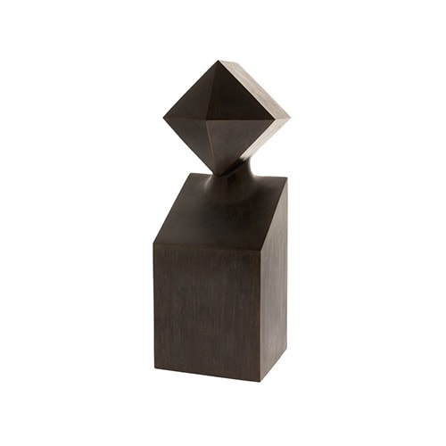 small brown bronze sculpture, with its geometric figure using rectangles in its lower part and triangular ones in the upper part