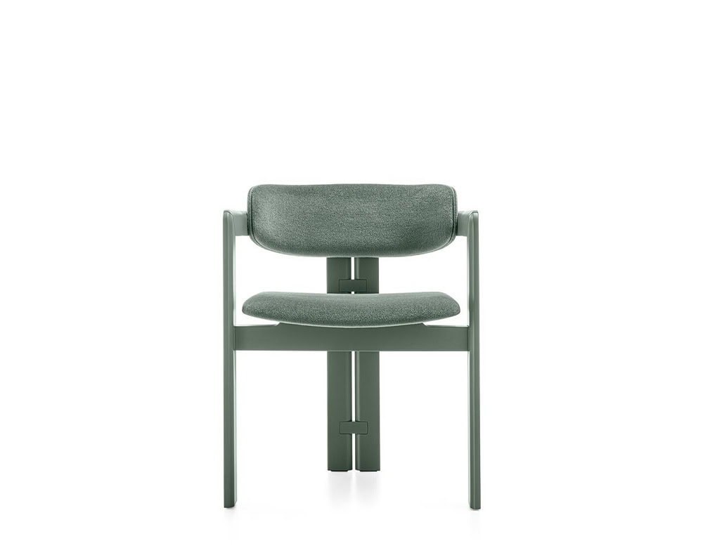 Curved ash wood chair upholstered in green leather on a white background.