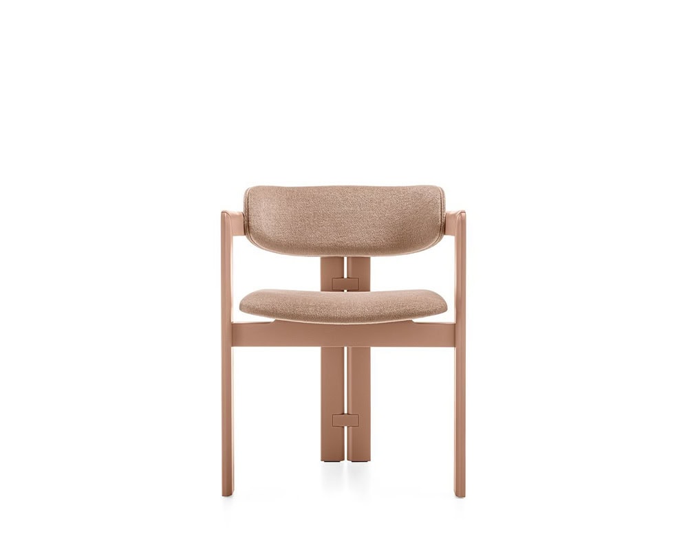 chair made of curved open pore table and upholstered in yellow leather