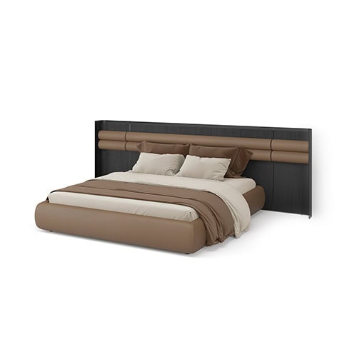 Bed made of wooden base with backrest made of foam base in shades of beige and blue with brown stripes