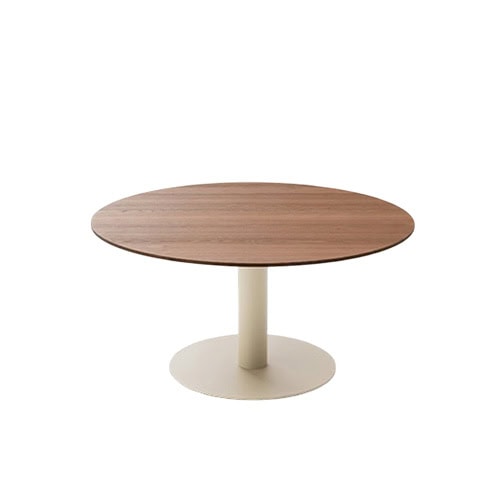 A round dining table with a smooth wooden top supported by a sleek single pedestal base, blending minimalist design with warm natural tones for modern interiors.