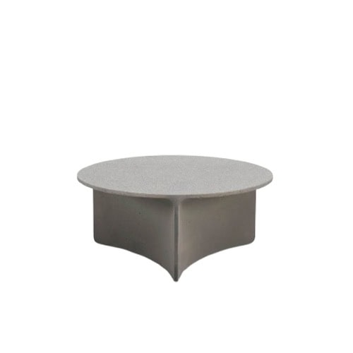A round light grey coffee table with a curved dark grey base featuring a soft triangular groove beneath the top.