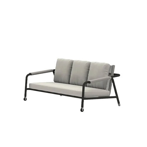 Outdoor sofa with rope wrapped backrest and powder coated frame offers deep cushioned seating and modern styling designed for durability and comfort in any open air environment.
