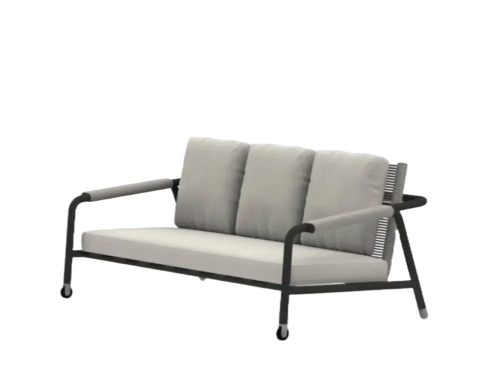 Three-seat outdoor sofa with rope-detailed back, powder-coated frame, and generously cushioned seating designed to offer lasting comfort and refined style in any exterior living space.