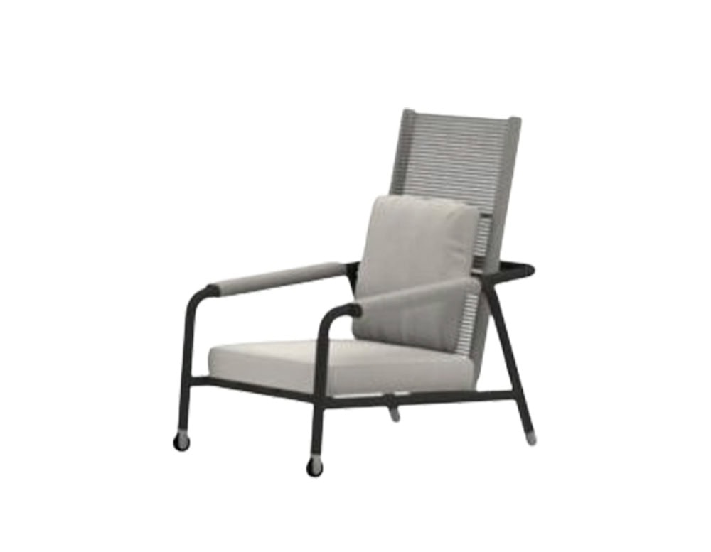Reclining outdoor lounge chair with a sleek aluminum frame, high rope-wrapped back, and plush cushions for superior comfort and support in open-air settings.