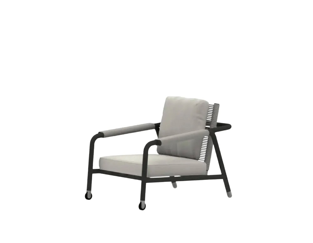 Low profile outdoor lounge chair featuring a rope wrapped backrest, powder coated frame, and plush cushions blending comfort and modern style for versatile outdoor settings.
