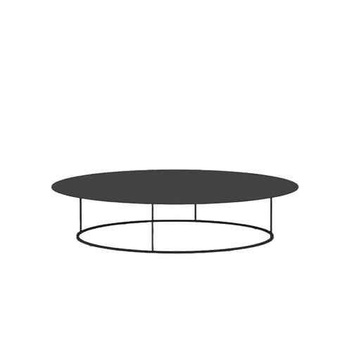 Minimalist round coffee table with a metal base and smooth top, designed for elegant outdoor living.