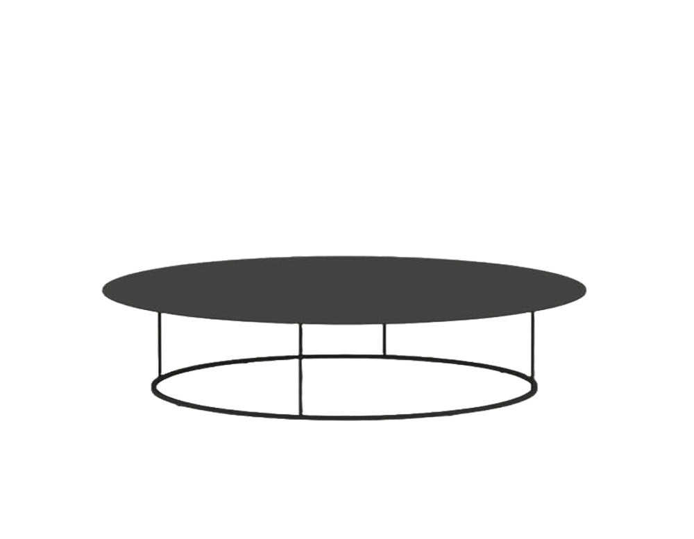 Round outdoor coffee table featuring a sleek metal frame and minimalist design ideal for modern exterior settings.
