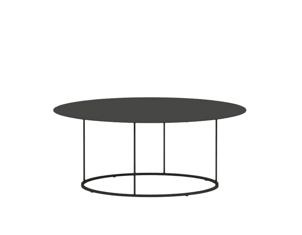 Round outdoor coffee table featuring a sleek metal frame and spacious top, perfect for modern exterior setups.