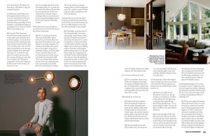 A magazine spread featuring modern interior design with images of stylish lighting elegant decor and a portrait of a woman in a chic setting