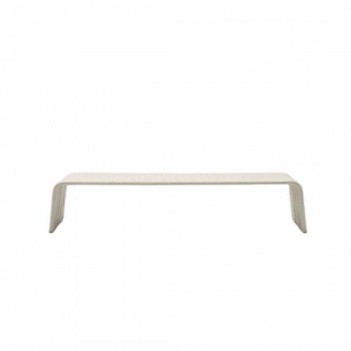 Minimalist outdoor bench with a sleek continuous frame and woven texture, offering a clean and modern seating solution for patios or gardens.