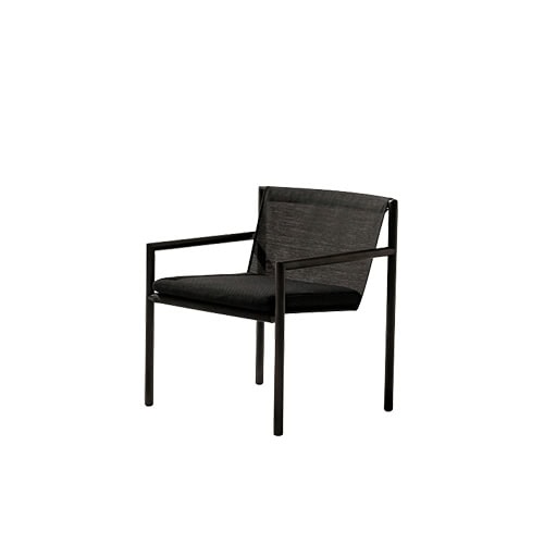 Sleek outdoor chair with a powder-coated frame and mesh seat, combining comfort and durability in a refined silhouette.