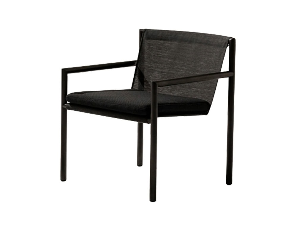 Minimalist outdoor armchair with a powder-coated frame and mesh-like seat and backrest, designed for lightweight comfort and durability.