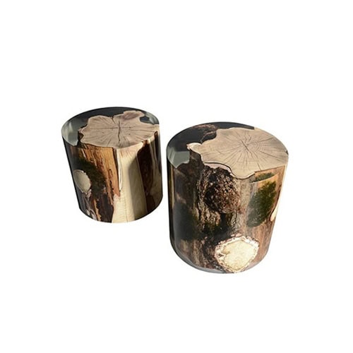 Surfacing Stump showcases raw tree trunks with bark and growth rings preserved in resin. The round form highlights natural textures while offering a sleek sculptural presence.