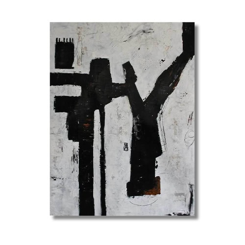 An expressive monochrome composition where bold, black abstract shapes collide with a textured white background, evoking the energy of primitive forms and raw gesture.