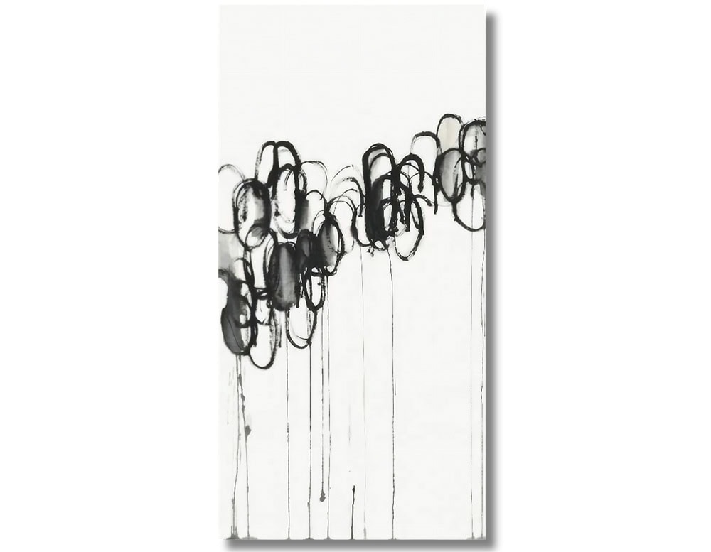 Loose black loops cascade across a white canvas, with fluid drips elongating the forms into delicate vertical lines.