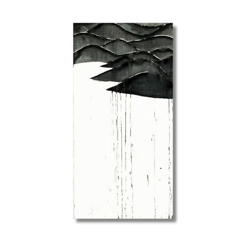 A stark monochrome composition where textured black ridges crest over a white field, dissolving into fine, downward streaks.