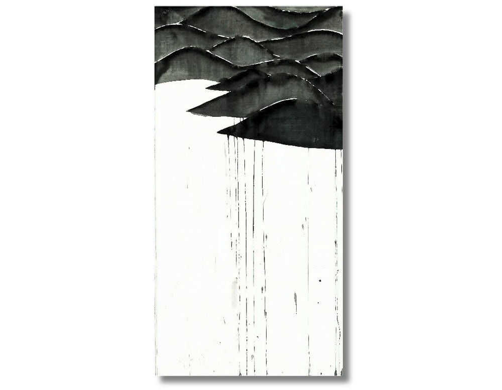 A minimalist study in contrast—layered dark ridges dissolve into delicate vertical drips, evoking both landscape and abstraction.