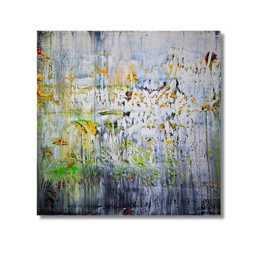 A symphony of color and texture, where streaks of green and gold break through misty grays—capturing movement in stillness.