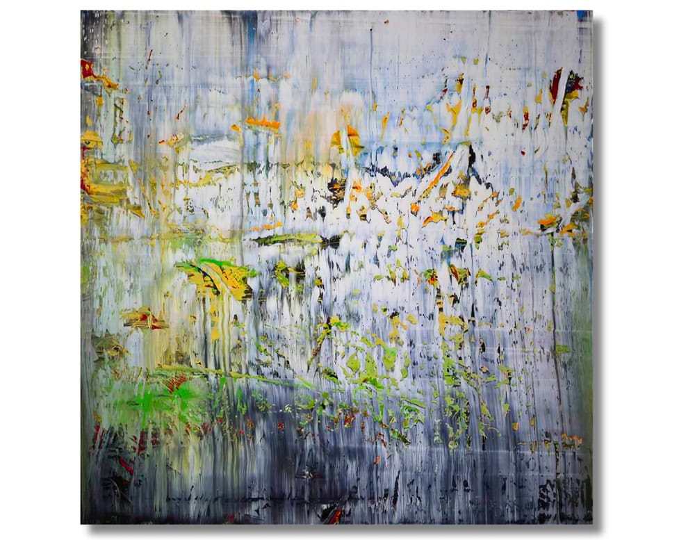 An energetic layering of lemon, green, and slate textures—this abstract work evokes shifting landscapes and vibrant transitions.