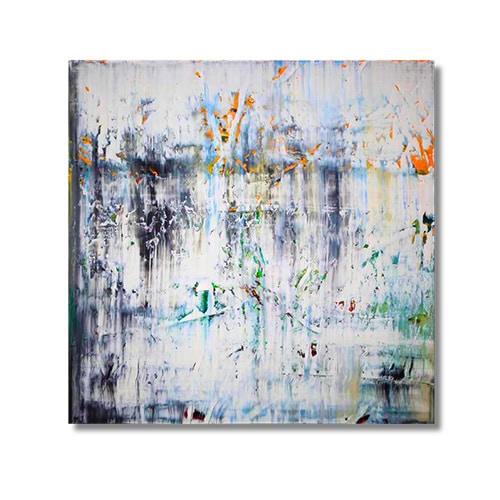 A symphony of white, charcoal, and citrus tones—this abstract canvas captures movement, tension, and release in an expressive composition.