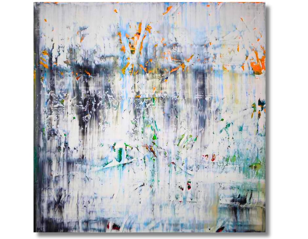 A dynamic interplay of texture and color, where white space gives way to energetic splashes of orange, green, and charcoal, evoking layered movement and depth.