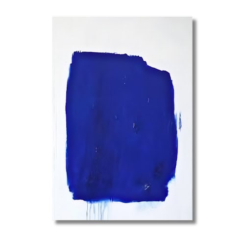 A vivid composition of intense cobalt blue spreads across the canvas, its organic edges and delicate drips evoking movement and raw expression.