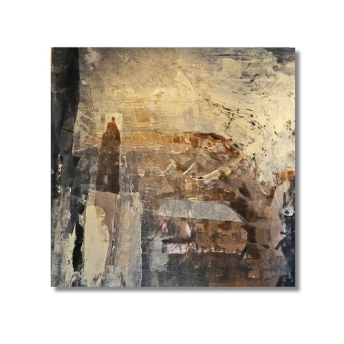 An evocative abstract artwork rendered in layered sepia, rust, and ochre hues, suggesting the presence of a cloaked figure amid fragmented, architectural textures.