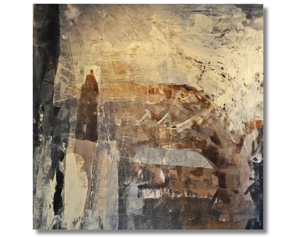 A contemplative abstract composition in earthy tones, featuring layered textures and subtle forms that evoke the silhouette of a solitary figure in a vast, weathered landscape.