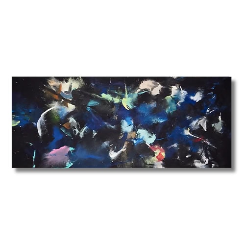 A panoramic abstract artwork featuring layered strokes of deep blue, black, and bright accent colors, creating a sense of cosmic energy and expansive movement.