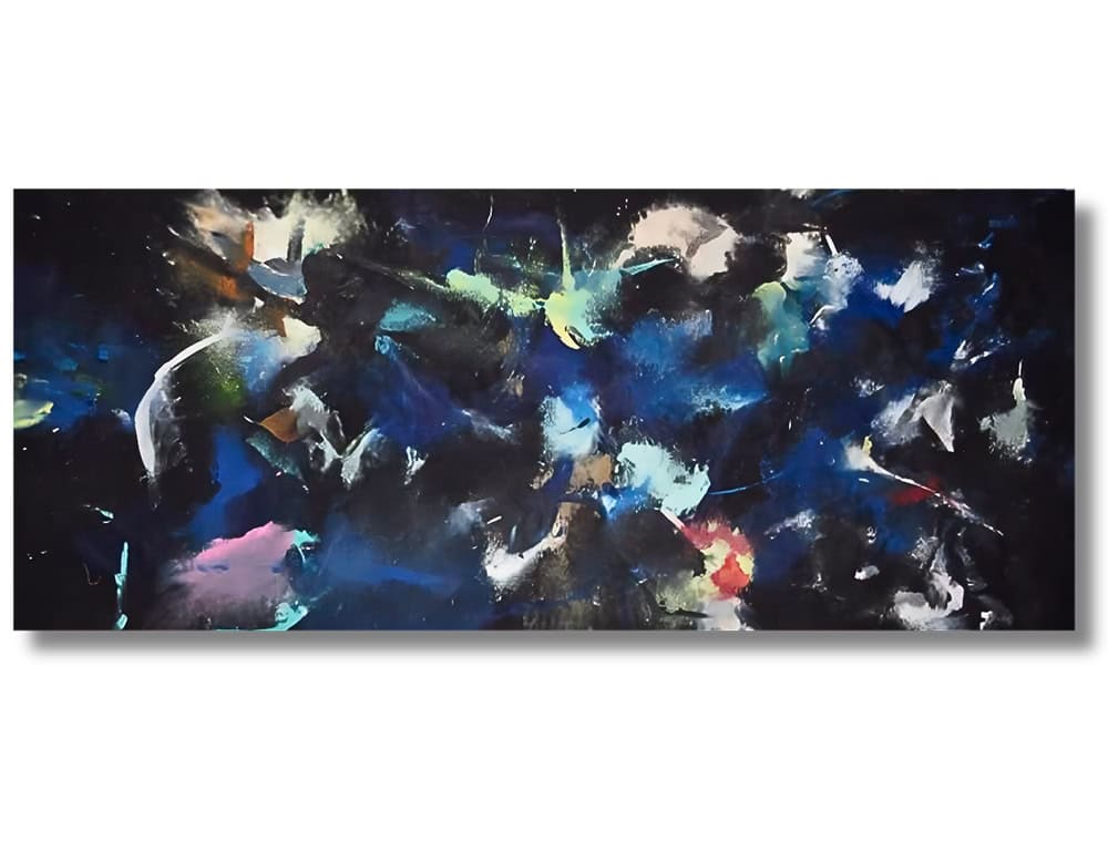 An abstract composition with dynamic strokes of deep blues, blacks, and vibrant accents, evoking cosmic movement and atmospheric depth.